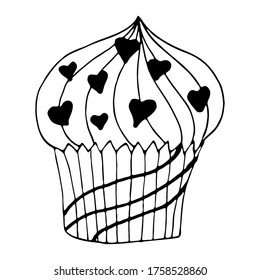 Ilustración vectorial de quequitos blanco y negro. Dibujar a mano el doodle de comida sobre fondo blanco. Linea de arte para el logo de la panadería, invitación a la boda, diseño de impresión.