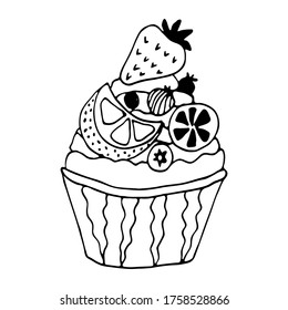 Ilustración vectorial de quequitos blancos y negros con frutas. Dibujar a mano el doodle de comida sobre fondo blanco. Linea de arte para el logo de la panadería, invitación a la boda, diseño de impresión.