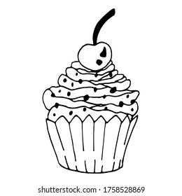 Vector black and white cupcake illustration with cherry. Hand drawing food doodle on white background. Line art for bakery logo, wedding invitation, print design.