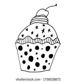 Vector black and white cupcake illustration with cherry. Hand drawing food doodle on white background. Line art for bakery logo, wedding invitation, print design.