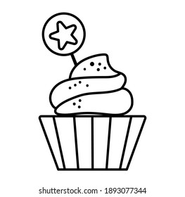 Vector black and white cupcake with star shaped topper. Cute funny birthday dessert illustration for card, print design. Holiday food illustration. Muffin line icon isolated on white background