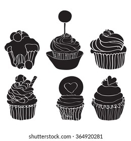 vector black and white cupcakes  set