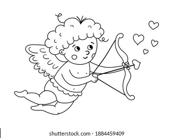 Vector Black And White Cupid Shooting From Bow With Arrow. Funny Valentine’s Day Character. Flying Love Angel With Spread Wings. Playful Cherub Line Icon Isolated On White Background.
