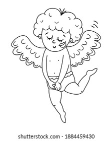 Vector black and white cupid with trace of kiss on his cheek. Funny Valentine’s day character. Happy love angel with spread wings. Playful cherub line icon isolated on white background.
