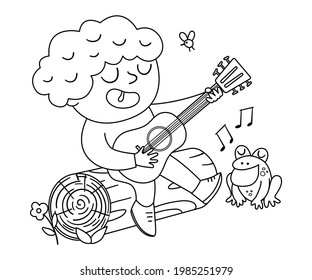 Vector black and white cute boy playing the guitar and singing sitting on a log. Campfire scene with kid and frog. Outline traveler isolated on white background. Outdoor or summer camp tourist icon. 
