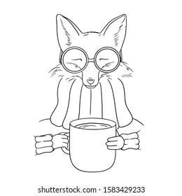 Vector black and white cute cartoon forest fox. Fox vector illustration.