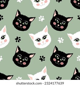 Vector Black and White Cute Cats with footprints signs on pink background. Cartoon Style Cats Faces with Foot Traces Texture Design on Green Color Background.