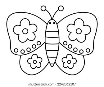 Vector black and white cute decorated butterfly with flowers. Cute line wedding insect. Funny animal clipart element or coloring page
