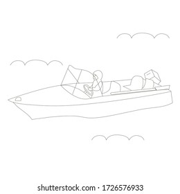 Vector black and white cute outline  motor boat with driver. Contour. 
