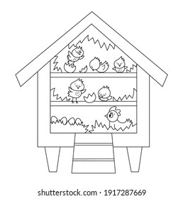 Vector black and white cute roost icon with hatching chicks and hen inside. Outline perch illustration for kids. Farm or garden birds house isolated on white background. Hen-coop coloring page