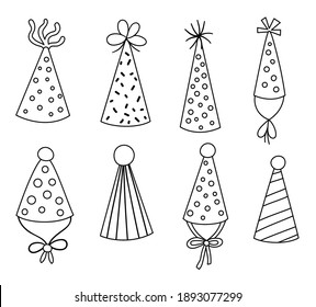 Vector black and white cute set of birthday hats. Funny outline b-day accessory for card, poster, print design. Bright holiday illustration for kids. Pack with cheerful celebration line icons