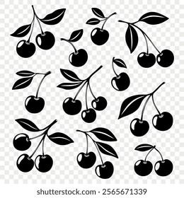 Vector Black and White Cute Silhouette Cutout Cherry Icon Set Isolated. Single, Pair of Cherries and Cluster of Monochrome Cherries with Leaves. Cherry Clipart, Design Template, Vector Illustration