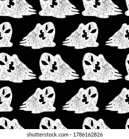 Vector black and white cute sketch of rows of cartoon ghosts seamless pattern. Background for halloween posters, greeting cards, invitations, wrapping paper.