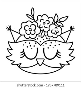 Vector black and white cute wild animal face with flowers on head and closed eyes. Boho forest avatar. Funny owl illustration for kids. Woodland bird line icon isolated on white background.
