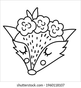 Vector black and white cute wild animal face with flowers on head and closed eyes. Boho forest avatar. Funny fox illustration for kids. Woodland line icon isolated on white background.
