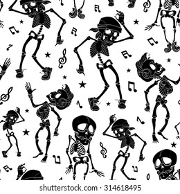 Vector Black White Dancing Skeletons Seamless Pattern. Halloween Disco Spooky Funny Party