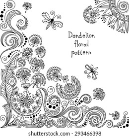 vector black and white dandelion floral pattern of spirals, swirls, doodles