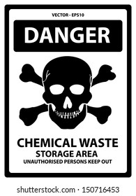 Vector : Black and White Danger Plate For Safety Present By Danger and Chemical Waste Storage Area Unauthorized Persons Keep Out Text With Skull Sign Isolated on White Background 