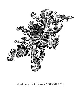 vector black and white decorative floral ornament in Ukrainian folk style for decoration and design