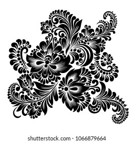 vector black and white decorative floral ornament in ukrainian folk style for decoration and design, dark silhouette of flowers and floral patterns on a white background