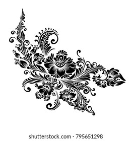 vector black and white decorative floral ornament in Ukrainian folk style for decoration and design