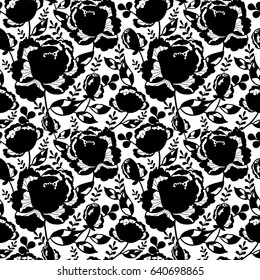 Vector Black and White Decorative Roses and Leaves Seamless Repeat Pattern Background. Great for handmade cards, invitations, wallpaper, packaging, wedding designs.