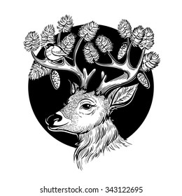 Vector Black and White Deer Branch Illustration