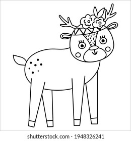 Vector de ciervo blanco y negro con flores en la cabeza. Icono de línea animal de bosque de estilo bohemio lindo aislado en fondo blanco. Ilustración del bosque de boho dulce para diseño de tarjetas o de impresión.
