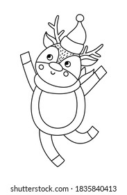 Vector black and white deer in hat. Cute winter animal illustration. Funny Christmas card design. New Year line icon with smiling character

