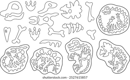 Vetor ossos de dinossauro preto e branco, esqueletos, conjunto de crânios. Coleção pré-histórica de ícones fósseis de animais. Dino enterro e túmulos ilustração linha. Arqueólogos, paleontólogo coloração página
