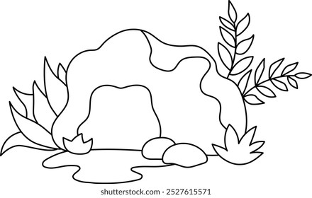 Icono de cueva de dinosaurio blanco y negro de Vector. Naturaleza animal piedra casa línea ilustración. Cuadro casero natural con verdor, ramitas. Dibujo para colorear de caverna de montaña prehistórica o tropical
