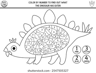 Vector black and white dinosaur color by number activity with stegosaurus and food in his stomach. Prehistoric line counting game. Simple coloring page for kids with ancient animal
