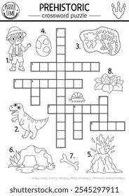 Vector black and white dinosaur crossword puzzle for kids. Dino line quiz for children. Educational activity with paleontologist, skeleton, volcano, egg, cave, bone. Cute prehistoric cross word