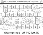 Vector black and white dinosaur domino puzzle for kids with pictures. Prehistoric shape recognition line quiz. Maze, drawing, matching and logic activity with stegosaur and leaves. Draw missing object