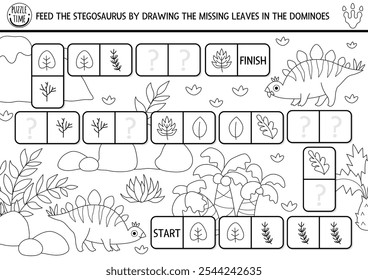 Vector blanco y negro dinosaurio dominó rompecabezas para los niños con imágenes. Cuestionario de línea de reconocimiento de forma prehistórica. Laberinto, dibujo, emparejamiento y actividad lógica con estegosaurio y hojas. Dibujar objeto que falta