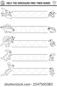 Vector black and white dinosaur handwriting practice worksheet. Prehistoric line printable drawing activity for children with ancient animals and their babies. Tracing game or coloring page
