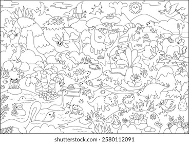 Vector black and white dinosaur landscape illustration. Prehistoric scenery with mountains, forest, ancient animals. Funny detailed scene, coloring page with T-Rex. Dino land picture for kids
