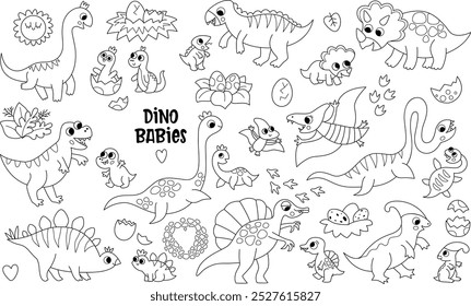 Vector black and white dinosaur moms and babies set. Prehistoric animal line icons collection. Dino mother and child illustrations. Parents and kids dinos. Cute mothers day coloring page
