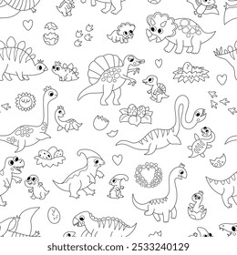 Vetor preto e branco mães dinossauros e bebês sem costura padrão. Linha pré-histórico animal repetir fundo. Dino mãe e filho papel digital ou página de coloração. Textura bonita do dia da mãe
