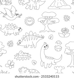 Vector black and white dinosaur seamless pattern. Line prehistoric animal repeat background. Dino digital paper or coloring page with Pterodactyl, Stegosaurus, Triceratops for kids
