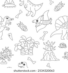 Vetor preto e branco dinossauro padrão sem costura. Linha pré-histórico animal repetir fundo. Dino papel digital ou página de coloração com Pterodactil, T-Rex, vulcão, ossos para crianças
