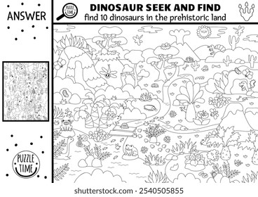 Vector black and white dinosaur searching game with prehistoric landscape. Spot hidden donos in picture. Ancient world line seek and find educational printable activity for kids with T-rex
