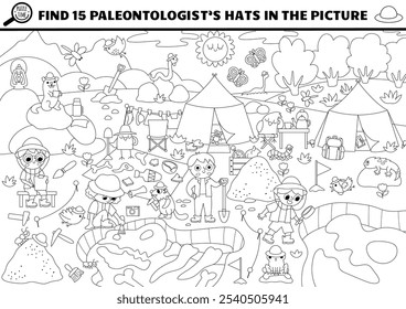 Vector black and white dinosaur searching game with paleontologist dig camp landscape. Spot hidden hats in picture. Prehistoric scientist line seek and find printable activity for kids
