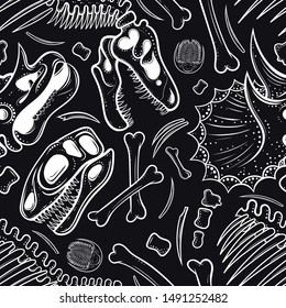 Vector Black and White Dinosaur Skulls Seamless Pattern