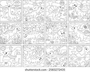 Vector black and white dinosaur square scenes collection. Dino landscape illustration or coloring page pack for kids. Cute line prehistoric scenes set with Pterodactyl, Stegosaurus, Triceratops, T-Rex