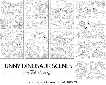 Vector black and white dinosaur vertical and horizontal scenes collection Line dino landscape illustration pack for kids. Cute prehistoric scenes set with Pterodactyl, Stegosaurus, Triceratops, T-Rex