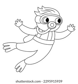 Vector black and white diver icon. Under the sea line illustration with cute funny frogman. Ocean boy clipart with swimming kid. Cartoon underwater or marine coloring page for children
