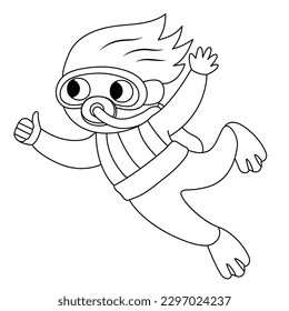 Vector black and white diver icon. Under the sea line illustration with cute funny frogman. Ocean girl clipart with swimming kid. Cartoon underwater or marine coloring page for children
