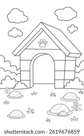 Vector black and white doghouse line icon with dog, bowl and bones isolated on white background. Farm kennel illustration or coloring page. Cute wooden dog house with cute pet

