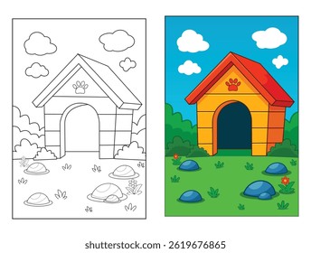 Vector black and white doghouse line icon with dog, bowl and bones isolated on white background. Farm kennel illustration or coloring page. Cute wooden dog house with cute pet
